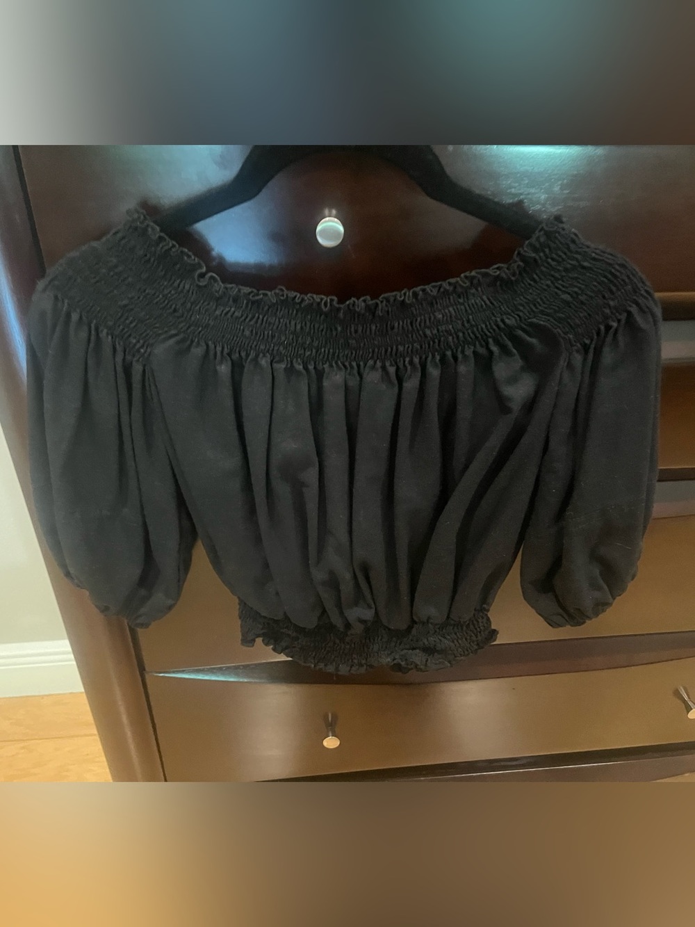 Smocked Off-Shoulder Black Crop Top with Puff Sleeves